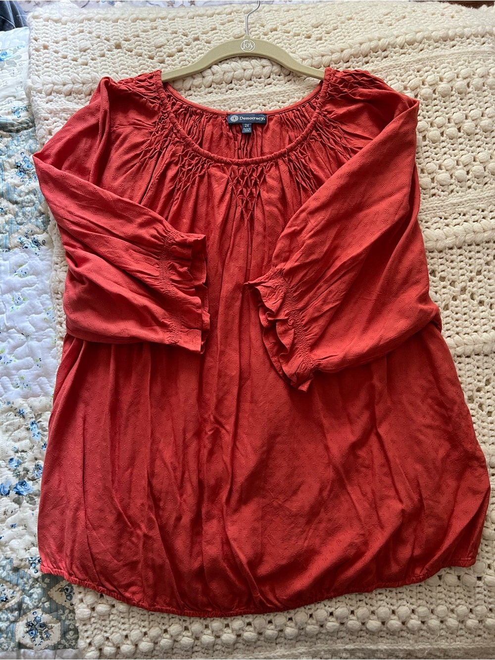 Democracy Coral Smocked Neck Peasant Blouse - Picture 11 of 13